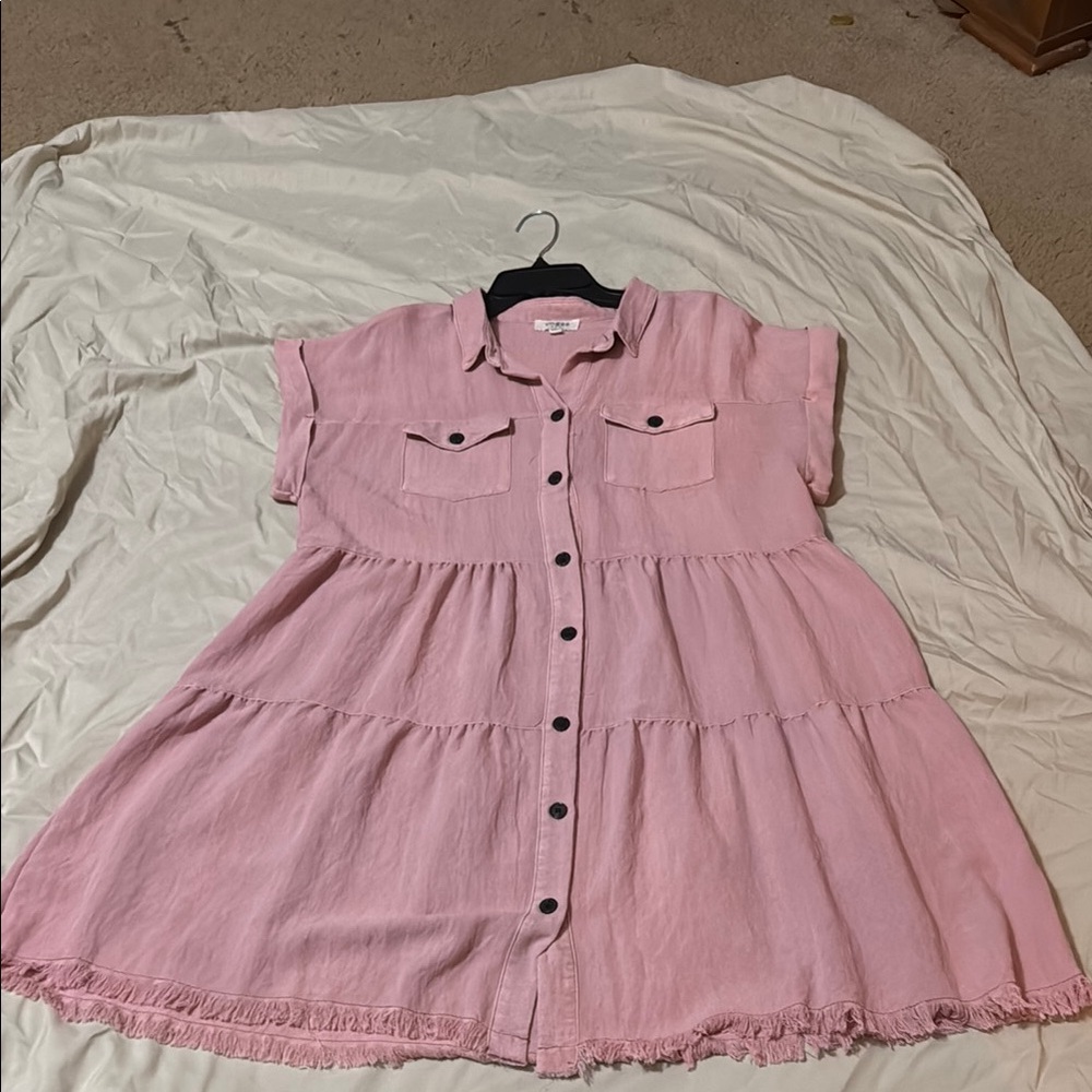 Umgee Pink Pleated Polo Collar Sundress